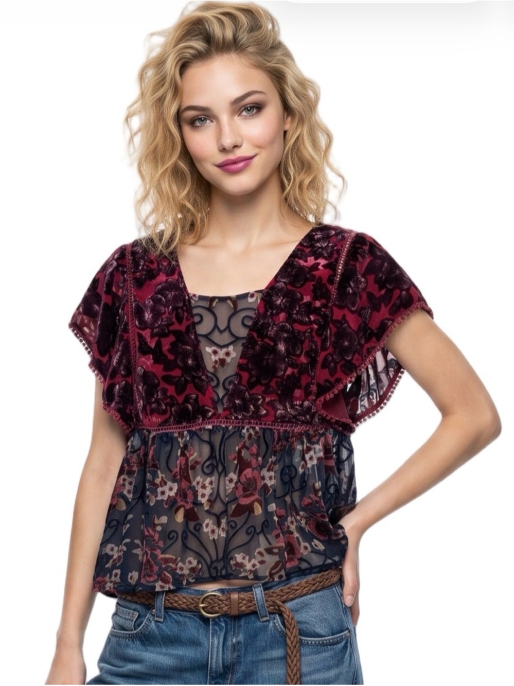 POL Red Pink Black Burnout Velvet Square neck Short sleeve Cropped Babydoll Top